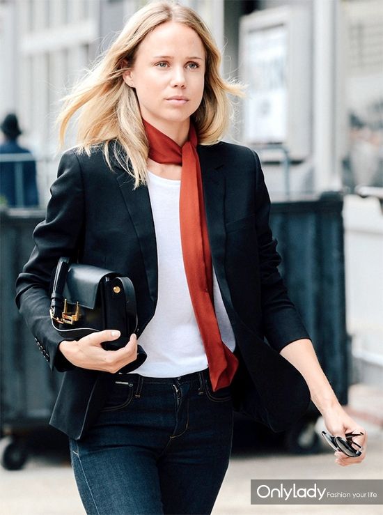 Le-Fashion-Blog-New-York-City-Street-Style-Elin-Kling-Red-Skinny-Silk-Scarf-White-Tee-Blazer-Saint-Laurent-Lulu-Bag-Jeans-1